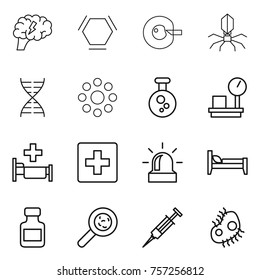 Thin line icon set : brain, hex molecule, cell corection, virus, dna, round around, chemical, warehouse scales, hospital, first aid, alarm, bed, pills bottle, viruses, syringe, microb