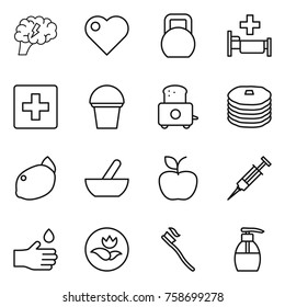 Thin line icon set : brain, heart, heavy, hospital, first aid, bucket, toaster, pancakes, lemon, mortar, apple, syringe, hand drop, ecology, tooth brush, liquid soap