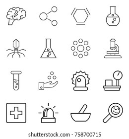 Thin line icon set : brain, molecule, hex, round flask, virus, around, microscope, vial, chemical industry, alarm, warehouse scales, first aid, mortar, viruses