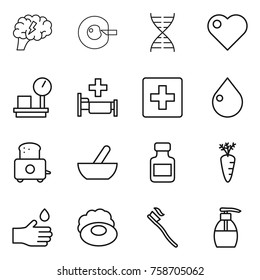 Thin line icon set : brain, cell corection, dna, heart, warehouse scales, hospital, first aid, drop, toaster, mortar, pills bottle, carrot, hand, soap, tooth brush, liquid