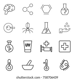 Thin line icon set : brain, molecule, hex, round flask, cell corection, virus, chemical industry, uv cream, hospital, first aid, thermometer, mortar, microb