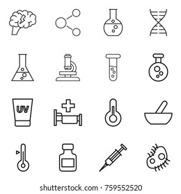 Thin line icon set : brain, molecule, round flask, dna, microscope, vial, chemical, uv cream, hospital, thermometer, mortar, pills bottle, syringe, microb
