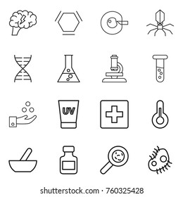 Thin line icon set : brain, hex molecule, cell corection, virus, dna, flask, microscope, vial, chemical industry, uv cream, first aid, thermometer, mortar, pills bottle, viruses, microb