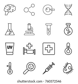 Thin line icon set : brain, molecule, cell corection, dna, flask, microscope, vial, chemical, uv cream, hospital, first aid, thermometer, viruses, syringe, microb