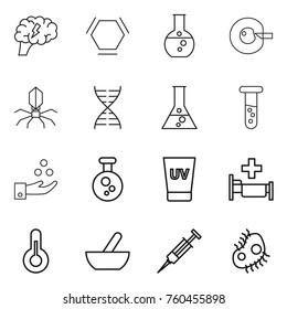 Thin line icon set : brain, hex molecule, round flask, cell corection, virus, dna, vial, chemical industry, uv cream, hospital, thermometer, mortar, syringe, microb