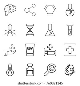 Thin line icon set : brain, molecule, hex, round flask, virus, dna, vial, chemical industry, uv cream, hospital, first aid, thermometer, pills bottle, viruses, microb