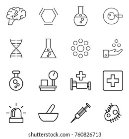 Thin line icon set : brain, hex molecule, round flask, cell corection, dna, around, chemical industry, warehouse scales, hospital, first aid, alarm, mortar, syringe, microb