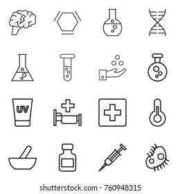 Thin line icon set : brain, hex molecule, round flask, dna, vial, chemical industry, uv cream, hospital, first aid, thermometer, mortar, pills bottle, syringe, microb