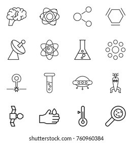 Thin line icon set : brain, atom, molecule, hex, satellite antenna, flask, round around, laser, vial, ufo, dna modify, acid, thermometer, viruses