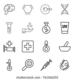 Thin line icon set : brain, hex molecule, cell corection, dna, vial, chemical industry, uv cream, hospital, first aid, thermometer, mortar, viruses, syringe, microb