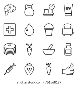 Thin line icon set : brain, heavy, warehouse scales, uv cream, first aid, drop, bucket, toaster, pancakes, carrot, mortar, pills bottle, syringe, strawberry, hand