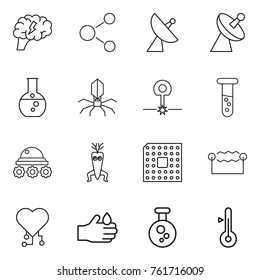Thin line icon set : brain, molecule, satellite antenna, round flask, virus, laser, vial, lunar rover, dna modify, cpu, electrostatic, cardio chip, acid, chemical, thermometer