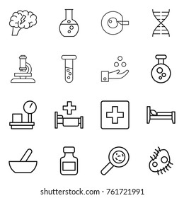Thin line icon set : brain, round flask, cell corection, dna, microscope, vial, chemical industry, warehouse scales, hospital, first aid, bed, mortar, pills bottle, viruses, microb