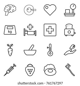 Thin line icon set : brain, cell corection, heart, warehouse scales, heavy, hospital, first aid, toaster, carrot, mortar, thermometer, hand leaf, syringe, strawberry, soap, tooth brush
