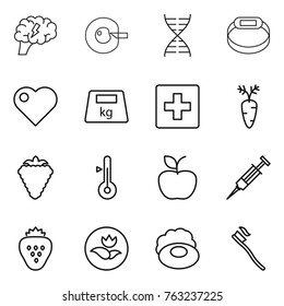 Thin line icon set : brain, cell corection, dna, smart bracelet, heart, heavy, first aid, carrot, berry, thermometer, apple, syringe, strawberry, ecology, soap, tooth brush