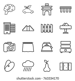 Thin line icon set : brain, eco car, arch, bridge, houses, pyramid, fence, restaurant, camera, curtain, kettle, double boiler, beans, rain cloud, pear, clean window