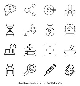 Thin line icon set : brain, molecule, cell corection, virus, dna, chemical industry, alarm, warehouse scales, hospital, first aid, mortar, pills bottle, viruses, syringe, microb