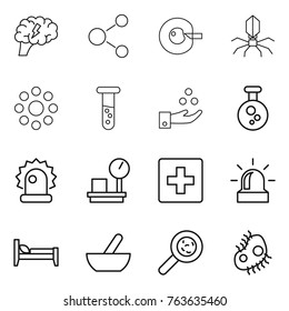 Thin line icon set : brain, molecule, cell corection, virus, round around, vial, chemical industry, alarm, warehouse scales, first aid, bed, mortar, viruses, microb