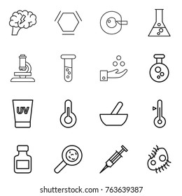 Thin line icon set : brain, hex molecule, cell corection, flask, microscope, vial, chemical industry, uv cream, thermometer, mortar, pills bottle, viruses, syringe, microb