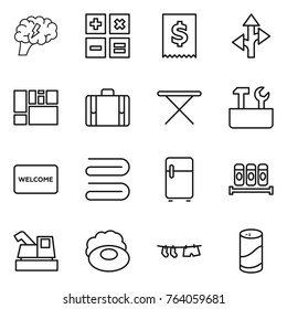 Thin line icon set : brain, calculator, tax, route, consolidated cargo, suitcase, iron board, repair tools, welcome mat, towel, fridge, spices, harvester, soap, drying clothe, cleanser powder