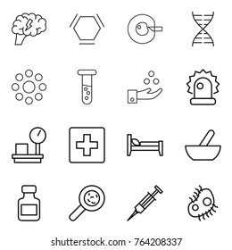 Thin line icon set : brain, hex molecule, cell corection, dna, round around, vial, chemical industry, alarm, warehouse scales, first aid, bed, mortar, pills bottle, viruses, syringe, microb