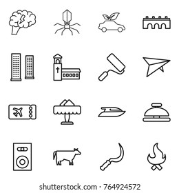 Thin line icon set : brain, virus, eco car, bridge, skyscrapers, church, repair, deltaplane, ticket, restaurant, yacht, service bell, speaker, cow, sickle, fire