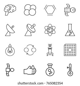 Thin line icon set : brain, atom core, hex molecule, satellite, antenna, flask, rocket, quantum bond, dna modify, cpu, acid, chemical, thermometer