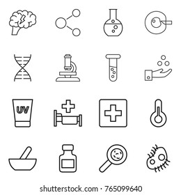 Thin line icon set : brain, molecule, round flask, cell corection, dna, microscope, vial, chemical industry, uv cream, hospital, first aid, thermometer, mortar, pills bottle, viruses, microb