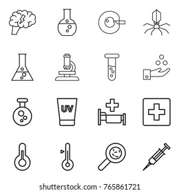 Thin line icon set : brain, round flask, cell corection, virus, microscope, vial, chemical industry, uv cream, hospital, first aid, thermometer, viruses, syringe