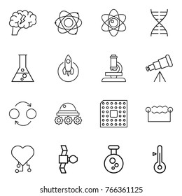 Thin line icon set : brain, atom, dna, flask, rocket, microscope, telescope, quantum bond, lunar rover, cpu, electrostatic, cardio chip, satellite, chemical, thermometer