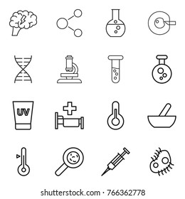 Thin line icon set : brain, molecule, round flask, cell corection, dna, microscope, vial, chemical, uv cream, hospital, thermometer, mortar, viruses, syringe, microb