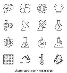 Thin line icon set : brain, atom core, hex molecule, satellite, antenna, round flask, rocket, microscope, cpu, acid, thermometer, microb