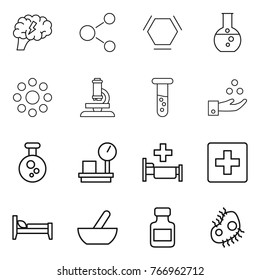 Thin line icon set : brain, molecule, hex, round flask, around, microscope, vial, chemical industry, warehouse scales, hospital, first aid, bed, mortar, pills bottle, microb