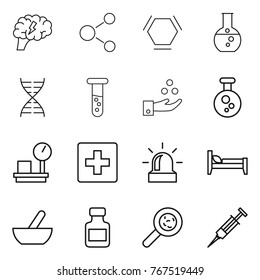 Thin line icon set : brain, molecule, hex, round flask, dna, vial, chemical industry, warehouse scales, first aid, alarm, bed, mortar, pills bottle, viruses, syringe