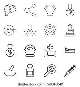 Thin line icon set : brain, molecule, hex, round flask, cell corection, virus, around, microscope, chemical, alarm, hospital, bed, mortar, pills bottle, viruses, syringe