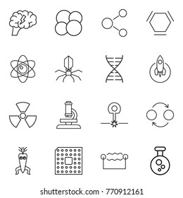 Thin line icon set : brain, atom core, molecule, hex, virus, dna, rocket, nuclear, microscope, laser, quantum bond, modify, cpu, electrostatic, chemical