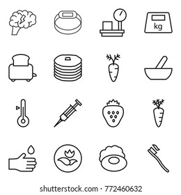 Thin line icon set : brain, smart bracelet, warehouse scales, heavy, toaster, pancakes, carrot, mortar, thermometer, syringe, strawberry, hand drop, ecology, soap, tooth brush