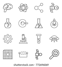 Thin line icon set : brain, atom, molecule, satellite, round flask, cell corection, rocket, around, microscope, vial, ufo, cpu, electrostatic, viruses