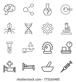 Thin line icon set : brain, molecule, round flask, cell corection, virus, dna, around, microscope, vial, chemical industry, alarm, warehouse scales, hospital, bed, mortar, syringe