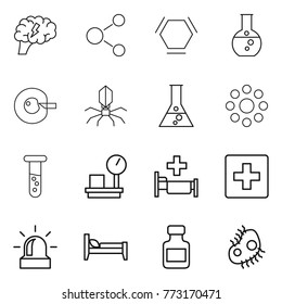 Thin line icon set : brain, molecule, hex, round flask, cell corection, virus, around, vial, warehouse scales, hospital, first aid, alarm, bed, pills bottle, microb