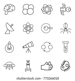 Thin line icon set : brain, atom core, satellite, antenna, cell corection, virus, rocket, telescope, quantum bond, vial, ufo, dna modify, acid, microb