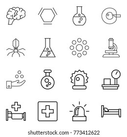 Thin line icon set : brain, hex molecule, round flask, cell corection, virus, around, microscope, chemical industry, alarm, warehouse scales, hospital, first aid, bed
