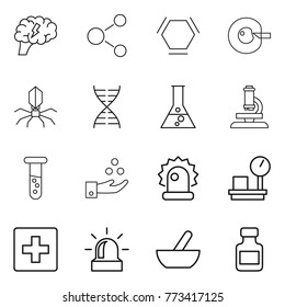 Thin line icon set : brain, molecule, hex, cell corection, virus, dna, flask, microscope, vial, chemical industry, alarm, warehouse scales, first aid, mortar, pills bottle