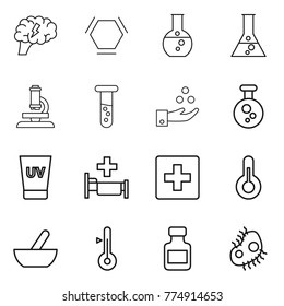 Thin line icon set : brain, hex molecule, round flask, microscope, vial, chemical industry, uv cream, hospital, first aid, thermometer, mortar, pills bottle, microb