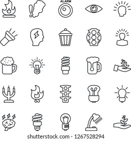 Thin Line Icon Set - brainstorm vector, bulb, fire, garden light, eye, traffic, torch, desk lamp, beer, candle, smoke detector, energy saving, alarm led, palm sproute, shining head, idea