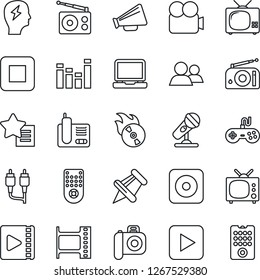 Thin Line Icon Set - brainstorm vector, film frame, flame disk, camera, microphone, radio, loudspeaker, gamepad, equalizer, video, remote control, laptop pc, phone, group, favorites list, paper pin