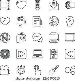 Thin Line Icon Set - brainstorm vector, film frame, vinyl, camera, tv, video, network, touch screen, dialog, laptop pc, heart, mail, fast forward, rewind, hdmi, jack connector, news, remote control