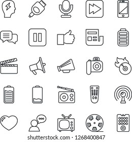 Thin Line Icon Set - brainstorm vector, clapboard, reel, flame disk, camera, radio, antenna, loudspeaker, microphone, remote control, cell phone, dialog, speaker, finger up, heart, battery, low, tv