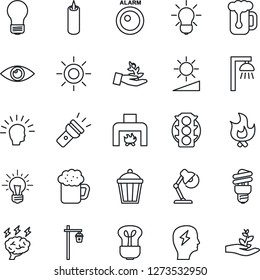 Thin Line Icon Set - brainstorm vector, bulb, fire, sun, garden light, eye, traffic, torch, brightness, desk lamp, fireplace, beer, candle, energy saving, outdoor, alarm led, palm sproute, idea