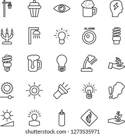 Thin Line Icon Set - brainstorm vector, bulb, sun, garden light, eye, torch, brightness, desk lamp, beer, candle, smoke detector, energy saving, outdoor, alarm led, palm sproute, shining head, idea